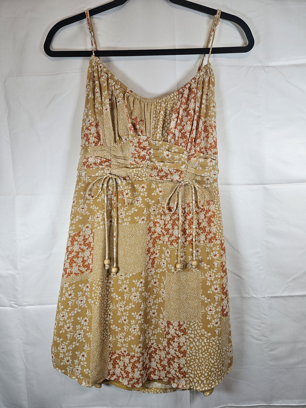 Mustard Patchwork Floral Spaghetti-Strap Mini Dress Babydoll Indie Peasant